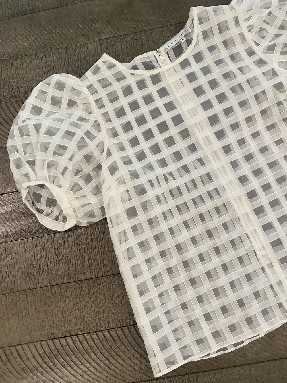 English Factory White Sheer Gingham Puff-Sleeve Blouse